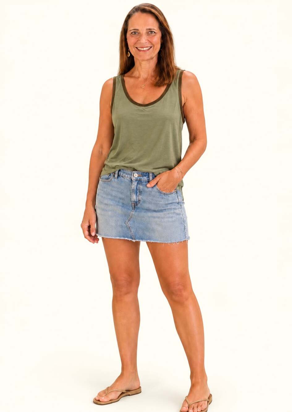 Bird Collective Metallic Trim Zip-Back Tank Top Size M Olive Green Rayon